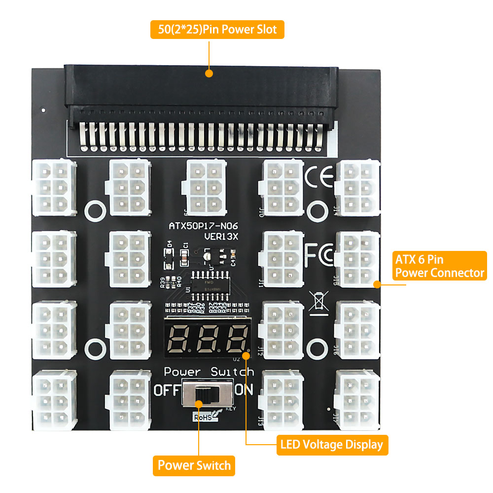 PCI-E 12V 50Pin to ATX 17 x 6P - 2400W Server Psu Breakout Board recension och pris